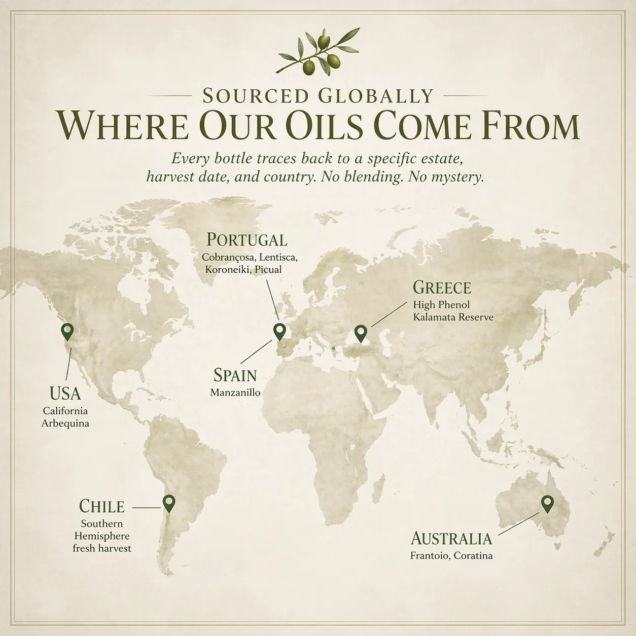 World map showing olive oil sourcing locations including Portugal, Spain, Greece, Australia, Chile, and California