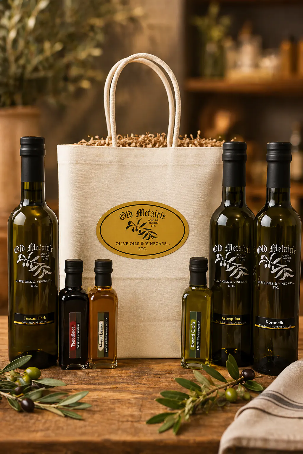 Olive oil gift set from olive oil store Metairie Louisiana with bottles and branded gift bag