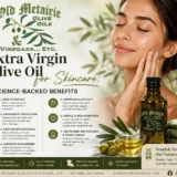 Extra virgin olive oil skincare benefits infographic with Old Metairie Olive Oils logo and natural olive oil beauty products