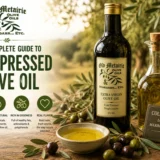 complete guide to cold pressed olive oil with Old Metairie olive oil bottle and olives