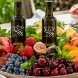 Balsamic vinegar on summer fruit with Old Metairie olive oil and vinegar bottles