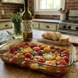 Olive oil tomato confit with summer cherry tomatoes, garlic, herbs, and crusty bread in Metairie Louisiana