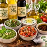 Five no-cook olive oil sauces with Old Metairie olive oil and balsamic vinegar bottles