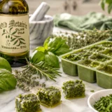 Fresh basil, rosemary and thyme with olive oil herb cubes and Old Metairie Olive Oils bottle