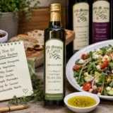 Old Metairie extra virgin olive oil beside a Mediterranean salad, homemade vinaigrette and a 7-day olive oil wellness checklist.