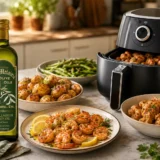 Olive oil in an air fryer with shrimp, chicken, potatoes and vegetables from Old Metairie Olive Oils