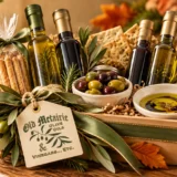 Olive oil gift basket featuring gourmet olive oils, balsamic vinegars, olives, and holiday decorations from Old Metairie Olive Oils in Metairie, Louisiana.